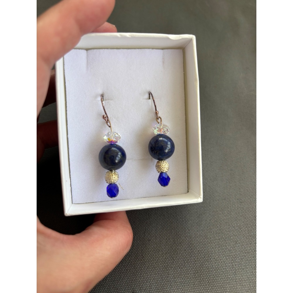 New Lapis Lazuli Sphere Earrings Cobalt Blue Crystal Silver Statement Drop